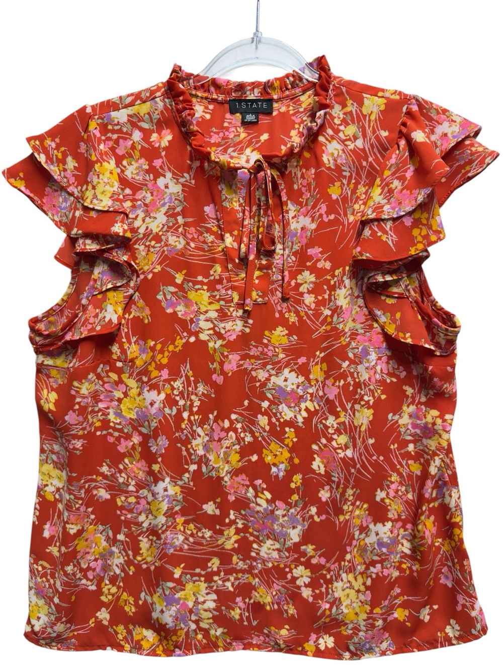 Tuxedo Silky Knit Floral Ruffle Flutter Pleated Blouse Top